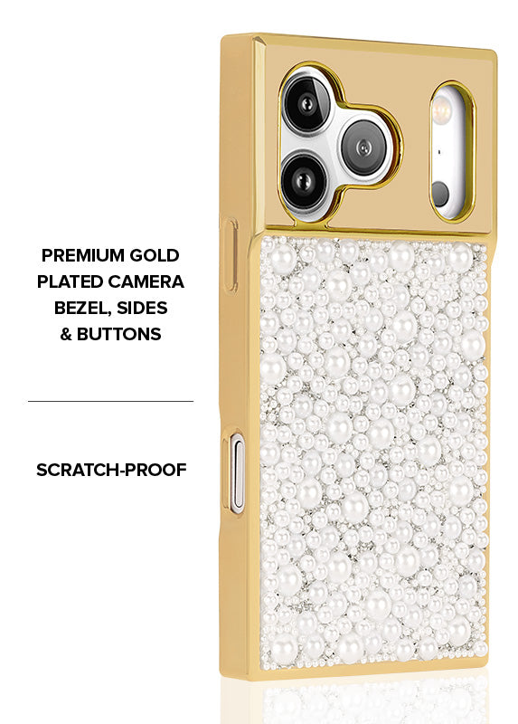 Elite Collection - SQUARE® Gold Metallic Embellished Faux Pearl iPhone Case (Not MagSafe Compatible)