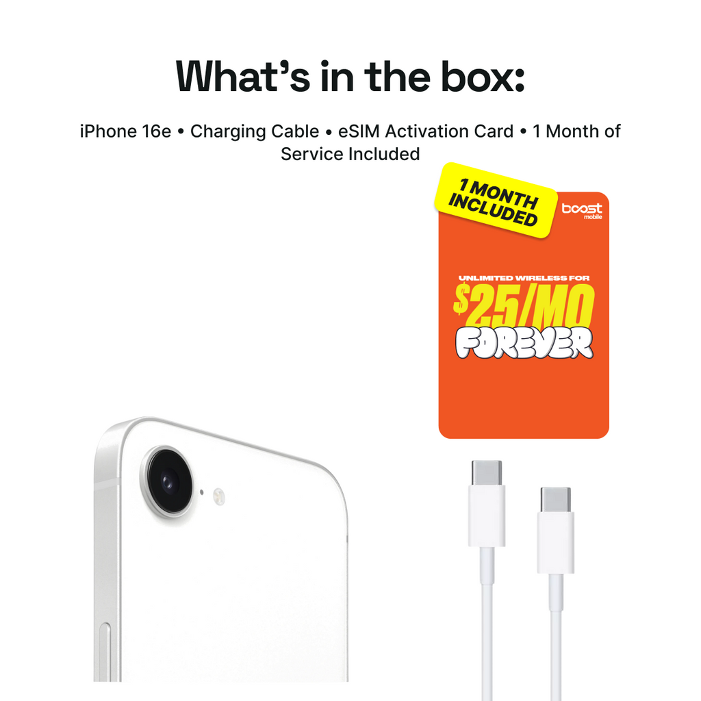 iPhone 16e Connected Pack (Unlocked) + 1 Month Boost Mobile